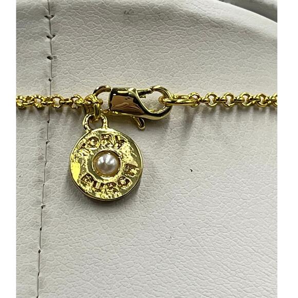 TORY BURCH Designer Gold Plated Faux White Glass Pearl Station Necklace 34" - Picture 6 of 7